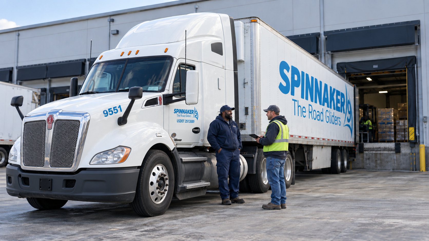 Illustrative scene of a Spinnaker Nine truck and driver at a loading dock